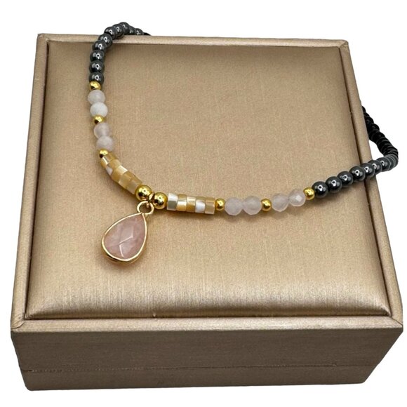 NWT Teardrop Pendant Beaded Necklace 18K Plated Black Onyx Hematite Rose Quartz - Picture 7 of 9